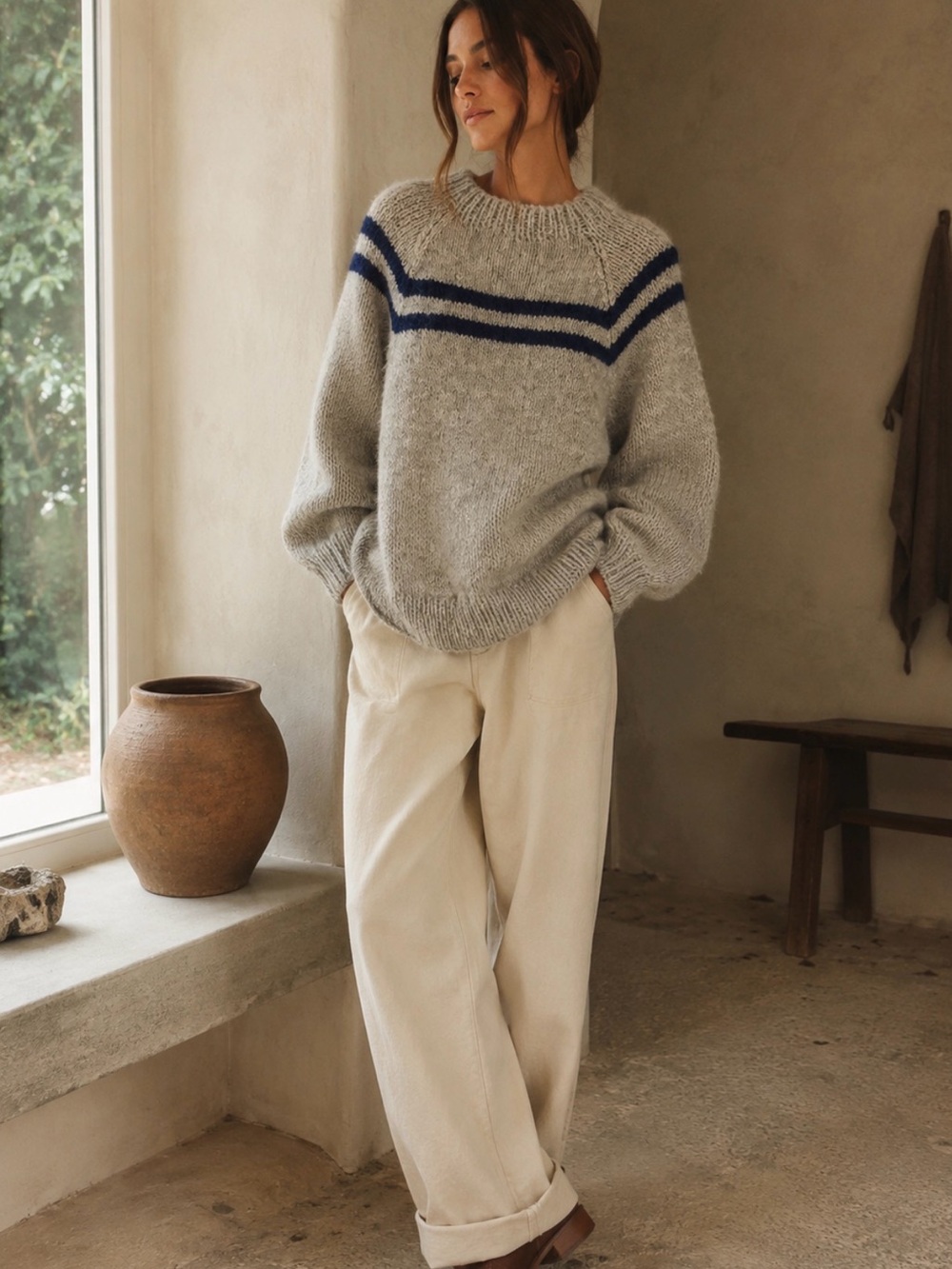 Vintage Handmade Wool Sweater Gray Navy Knit Fisherman Oversized Cottagecore
